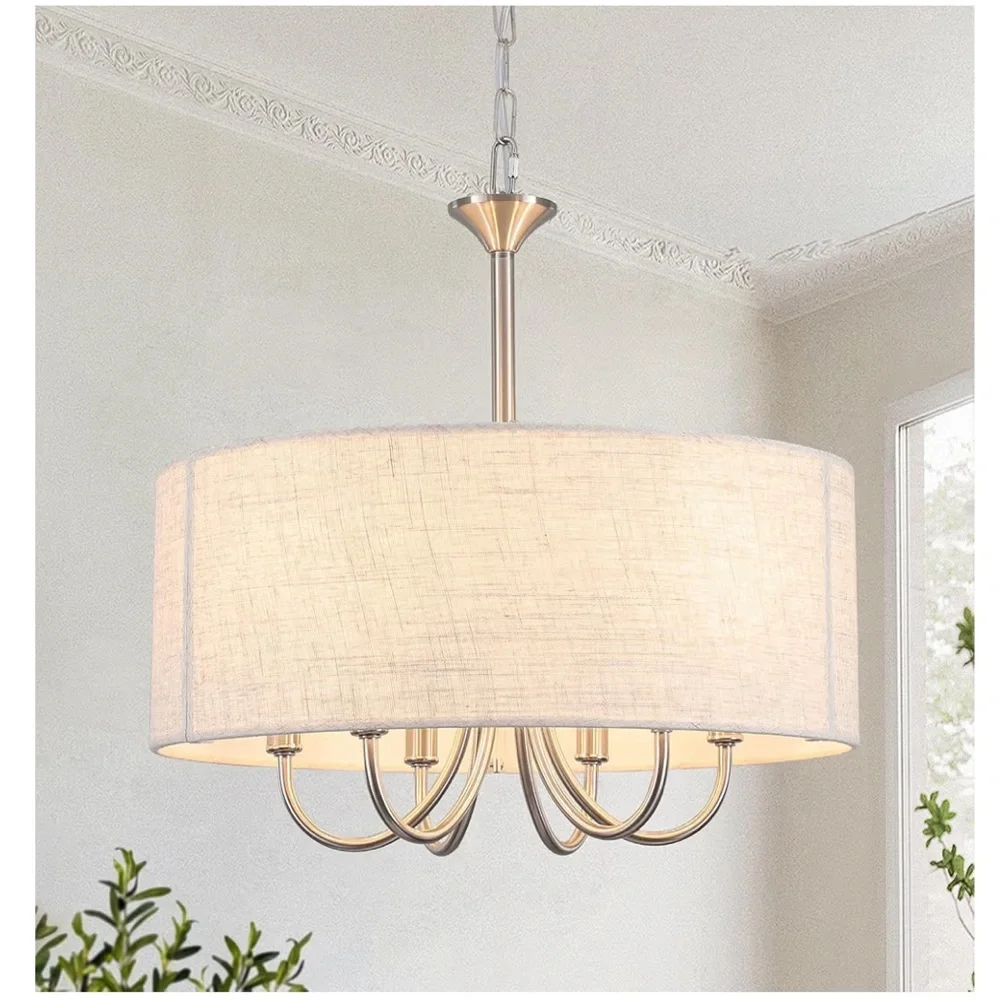 NIB Drum Chandeliers 6-Light Modern Linen Pendant Light, Brushed Nickel Fixture